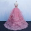 Schöne Pink Ballkleider 2019 Ballkleid Bandeau Schleife Spitze Blumen Ärmellos Rückenfreies Fallende Rüsche Sweep / Pinsel Zug Festliche Kleider