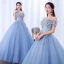 Elegant Candy Pink Prom Dresses 2019 Ball Gown Off-The-Shoulder Pearl Lace Flower Appliques Short Sleeve Backless Floor-Length / Long Formal Dresses