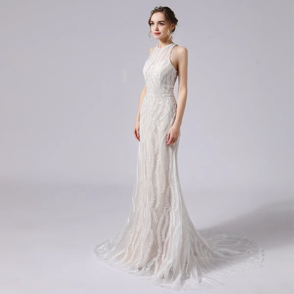 Sexy Champagne Lace Flower Wedding Dresses 2021 Trumpet / Mermaid Scoop Neck Sleeveless Backless Sweep Train Wedding
