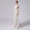 Sexy Champagne Lace Flower Wedding Dresses 2021 Trumpet / Mermaid Scoop Neck Sleeveless Backless Sweep Train Wedding