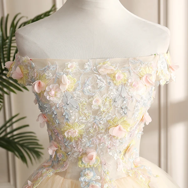 Chic / Beautiful Champagne Prom Dresses 2019 A-Line / Princess Off-The-Shoulder Pearl Sequins Lace Flower Appliques Sleeveless Backless Floor-Length / Long Formal Dresses