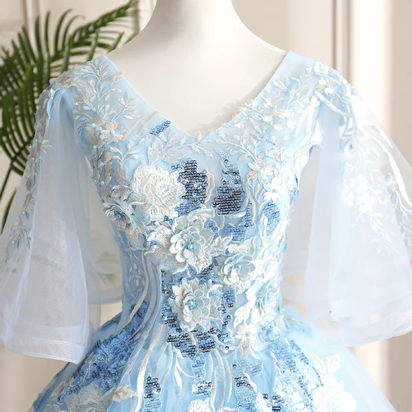 Classy Sky Blue Prom Dresses 2019 A-Line / Princess V-Neck Pearl Sequins Lace Flower Short Sleeve Backless Floor-Length / Long Formal Dresses