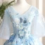 Classy Sky Blue Prom Dresses 2019 A-Line / Princess V-Neck Pearl Sequins Lace Flower Short Sleeve Backless Floor-Length / Long Formal Dresses