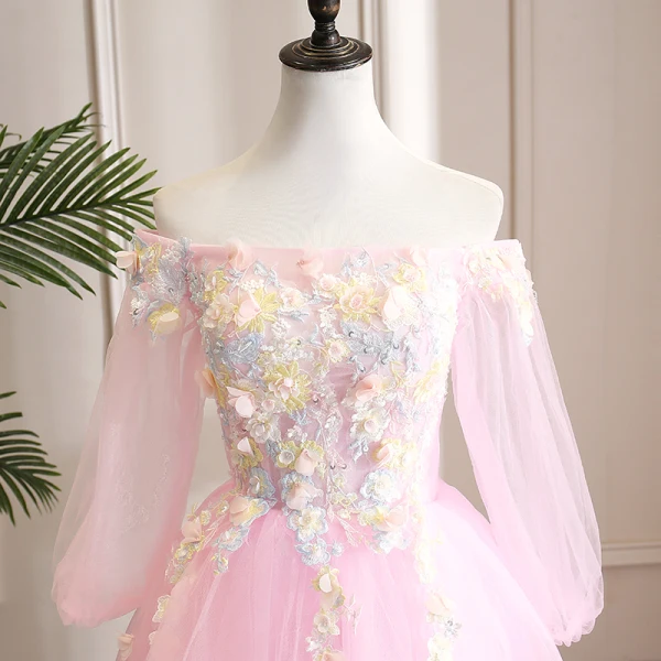 Elegant Candy Pink Prom Dresses 2019 A-Line / Princess Off-The-Shoulder Sequins Lace Flower Appliques 3/4 Sleeve Backless Floor-Length / Long Formal Dresses