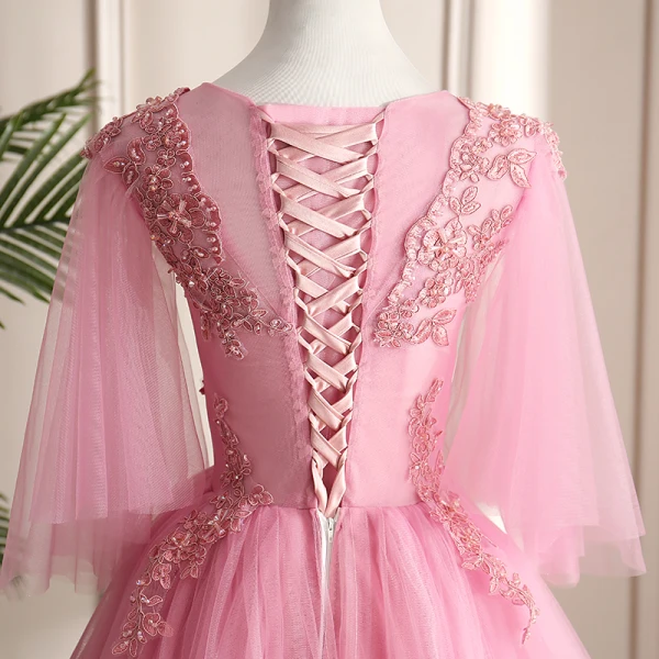 Chic / Belle Rose Bonbon Robe De Bal 2019 Princesse Encolure Dégagée Cristal Perle En Dentelle Fleur 3/4 Manches Longue Robe De Ceremonie