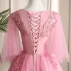 Chic / Beautiful Candy Pink Prom Dresses 2019 A-Line / Princess Scoop Neck Crystal Pearl Lace Flower 3/4 Sleeve Floor-Length / Long Formal Dresses