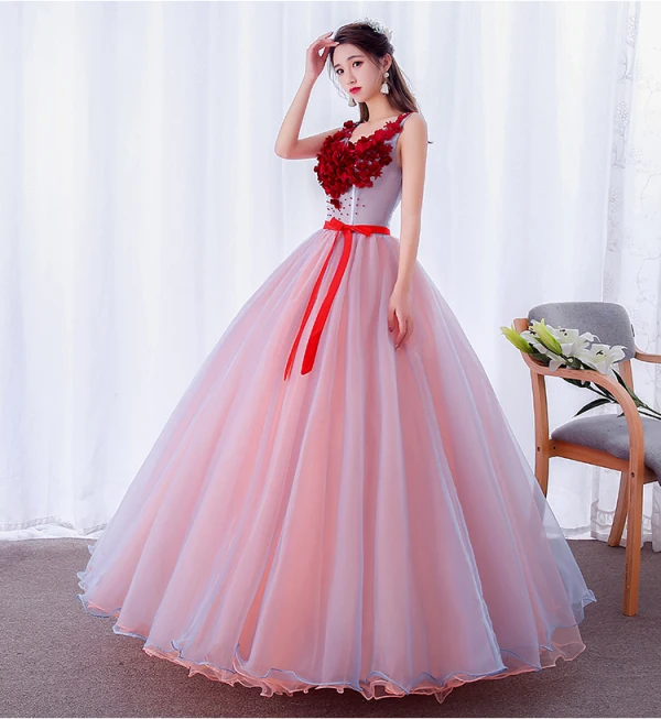 Mode Pink Ballkleider 2019 Ballkleid Applikationen Rundhalsausschnitt Perle Spitze Blumen Schleife Ärmellos Rückenfreies Lange Festliche Kleider