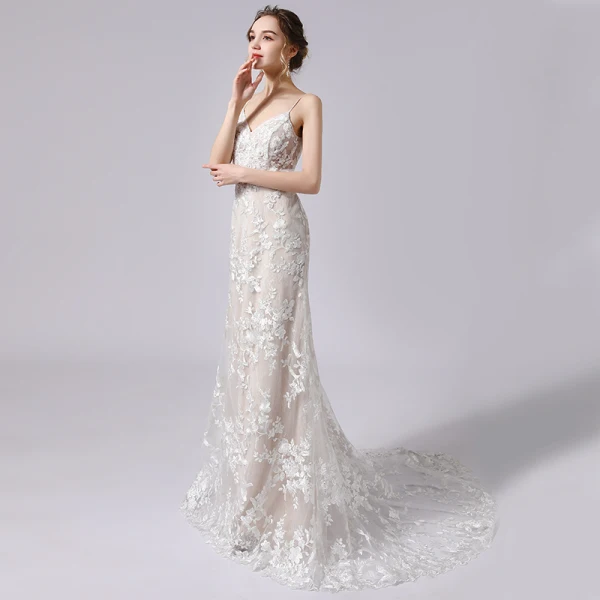 Charming Champagne Wedding Dresses 2021 Trumpet / Mermaid Spaghetti Straps Beading Sequins Lace Flower Sleeveless Backless Court Train Wedding