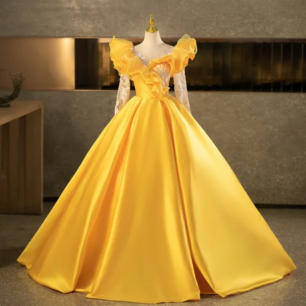 Vintage / Retro Yellow Beading Sequins Prom Dresses 2025 Ball Gown Scoop Neck Long Sleeve Backless Floor-Length / Long Formal Dresses