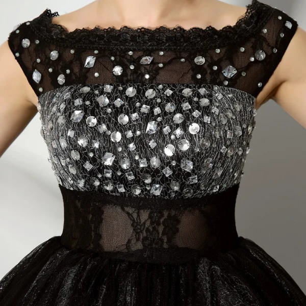 Chic / Belle Noire Robe De Cocktail 2018 Robe Boule Cristal Paillettes Dentelle Encolure Carrée Sans Manches Courte Robe De Ceremonie