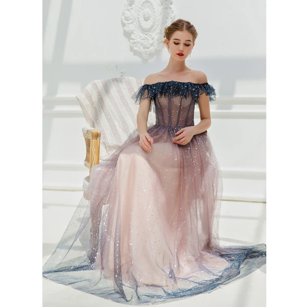Glitzernden Rosa Abendkleider 2019 A Linie Off Shoulder Star Pailletten Kurze Ärmel Rückenfreies Lange Festliche Kleider