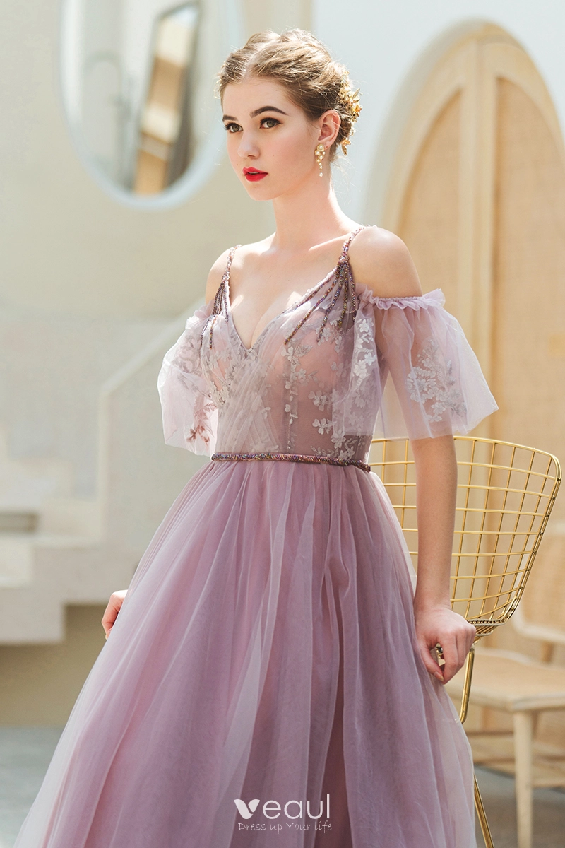 Chic Beautiful Blushing Pink Evening Dresses 2019 A Line Princess Spaghetti Straps Beading Lace Flower Short Sleeve Backless Floor Length Long Formal Dresses