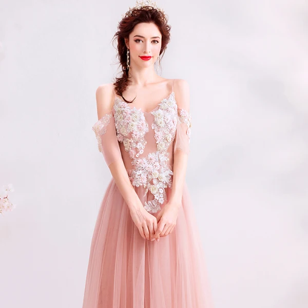 Elegant Pearl Pink Evening Dresses 2019 A-Line / Princess Spaghetti Straps Rhinestone Lace Flower Short Sleeve Backless Floor-Length / Long Formal Dresses