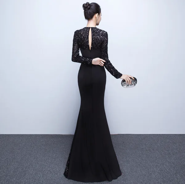 Chic / Belle Couleur Unie Noire Robe De Soirée 2019 Trompette / Sirène Encolure Dégagée Perlage Cristal Paillettes Manches Longues Dos Nu Longue Robe De Ceremonie