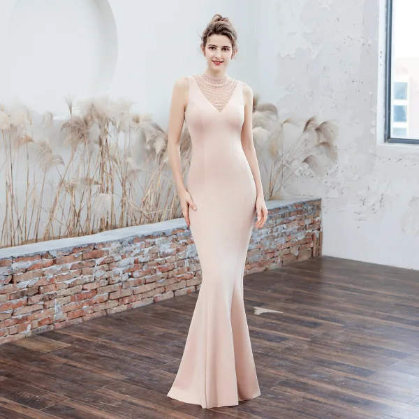 Chic / Beautiful Dark Green Evening Dresses 2019 Trumpet / Mermaid High Neck Beading Sleeveless Backless Floor-Length / Long Formal Dresses