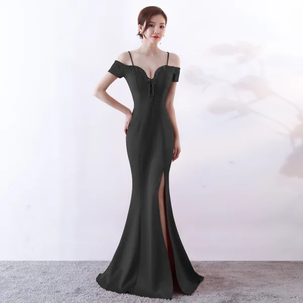 Chic / Belle Couleur Unie Ivoire Robe De Soirée 2019 Trompette / Sirène Bretelles Spaghetti Perlage Gland Sans Manches Dos Nu Fendue devant Longue Robe De Ceremonie