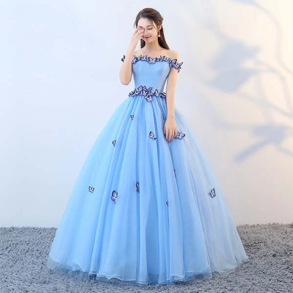 Chic / Beautiful Pool Blue Prom Dresses 2019 A-Line / Princess Off-The-Shoulder Lace Butterfly Sleeveless Backless Floor-Length / Long Formal Dresses