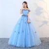 Chic / Belle Bleu Robe De Bal 2019 Princesse De l'épaule En Dentelle Papillon Sans Manches Dos Nu Longue Robe De Ceremonie