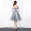 Chic / Beautiful Silver Cocktail Dresses 2019 A-Line / Princess Off-The-Shoulder Bow Pearl Lace Flower Short Sleeve Backless Short Formal Dresses