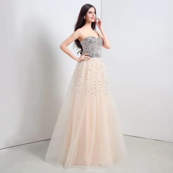 Sparkly Champagne Ballkjoler 2018 Prinsesse Beading Paljetter Krystall Kjæreste Ryggløse Uten Ermer Lange Formelle Kjoler