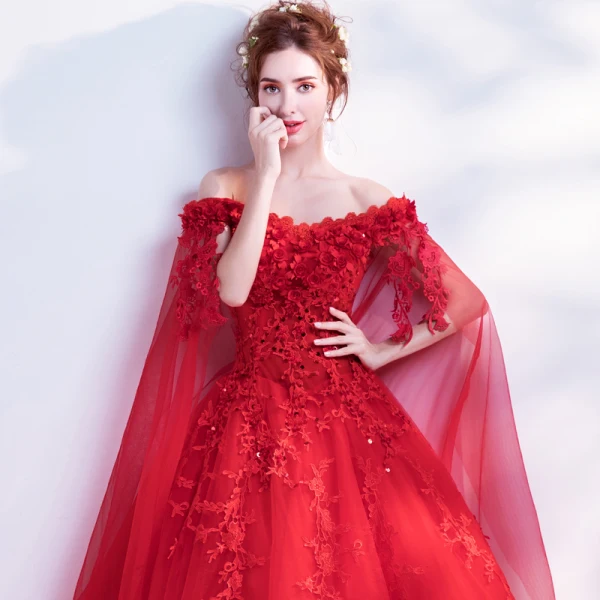 Affordable Red Wedding Dresses 2019 A-Line / Princess Off-The-Shoulder Beading Sequins Appliques Lace Flower Short Sleeve Backless Watteau Train