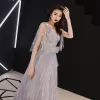 Elegant Grey Evening Dresses  2019 A-Line / Princess V-Neck Bow Lace Flower 1/2 Sleeves Backless Floor-Length / Long Formal Dresses