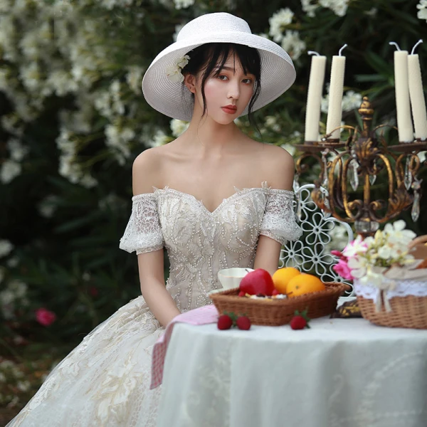 High-end Champagne Wedding Dresses 2019 A-Line / Princess Off-The-Shoulder Beading Lace Flower Short Sleeve Backless Cathedral Train