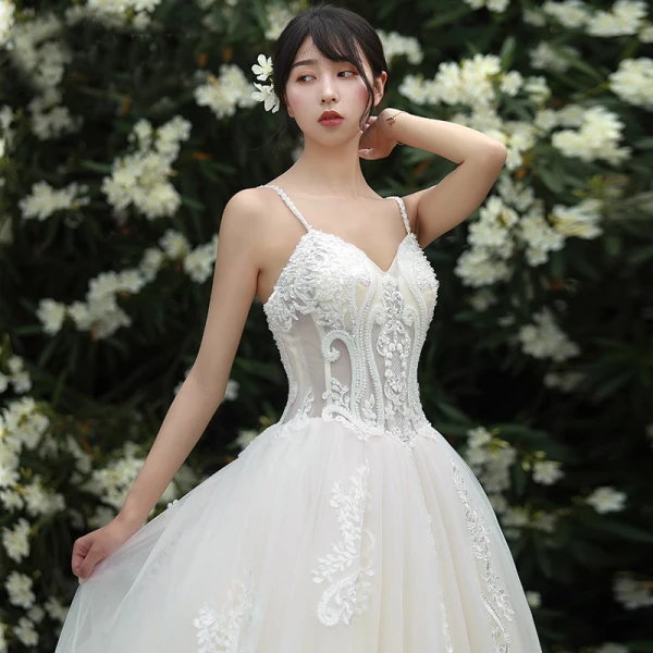Schöne Champagner Brautkleider / Hochzeitskleider 2019 A Linie Spaghettiträger Perlenstickerei Strass Spitze Blumen Ärmellos Rückenfreies Kathedrale Schleppe