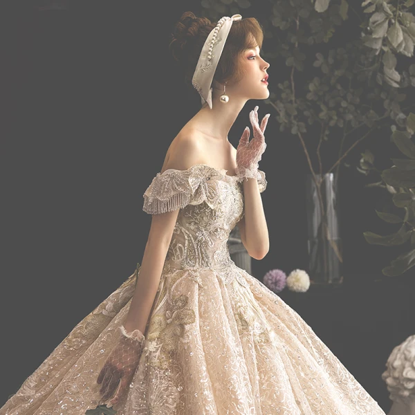 Luxury / Gorgeous Champagne Wedding Dresses 2019 Ball Gown Off-The-Shoulder Beading Tassel Pearl Crystal Lace Flower Rhinestone Sequins Short Sleeve Backless Cathedral Train