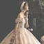 Luxury / Gorgeous Champagne Wedding Dresses 2019 Ball Gown Off-The-Shoulder Beading Tassel Pearl Crystal Lace Flower Rhinestone Sequins Short Sleeve Backless Cathedral Train