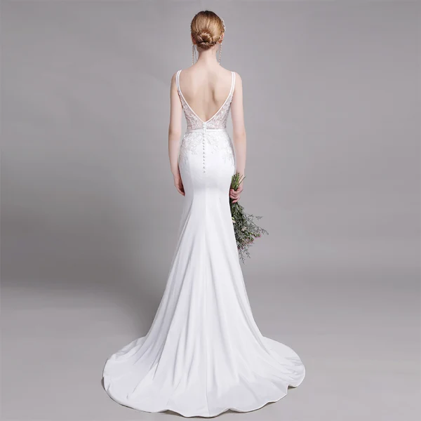 Chic / Beautiful White Wedding Dresses 2019 Trumpet / Mermaid V-Neck Lace Flower Sleeveless Backless Sweep Train