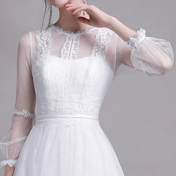 Modest / Simple White Beach Wedding Dresses 2019 A-Line / Princess Scoop Neck Pearl Lace Flower 3/4 Sleeve Floor-Length / Long