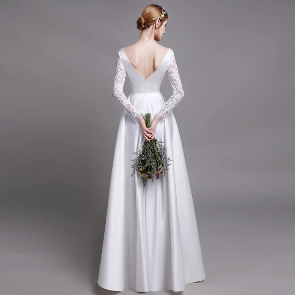 Classique Blanche Plage Robe De Mariée 2019 Princesse V-Cou En Dentelle Fleur Manches Longues Dos Nu Longue