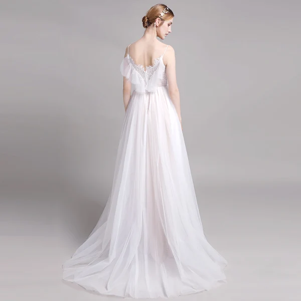 Chic / Belle Champagne Plage Robe De Mariée 2019 Princesse Bretelles Spaghetti En Dentelle Fleur Sans Manches Dos Nu Train De Balayage