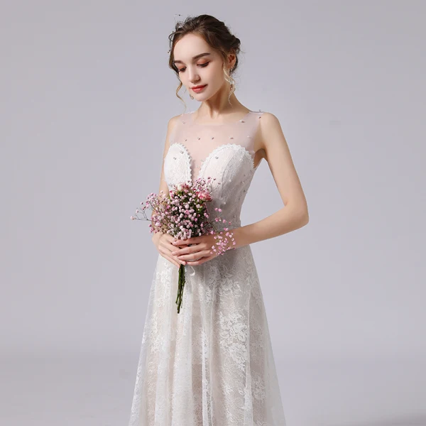 Élégant Ivoire Perle En Dentelle Fleur Robe De Mariée 2021 Princesse Encolure Dégagée Sans Manches Dos Nu Train De Balayage Mariage