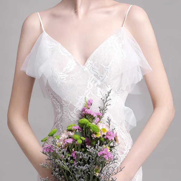 Charmant Champagne Plage Robe De Mariée 2019 Trompette / Sirène Bretelles Spaghetti En Dentelle Fleur Sans Manches Dos Nu Train De Balayage