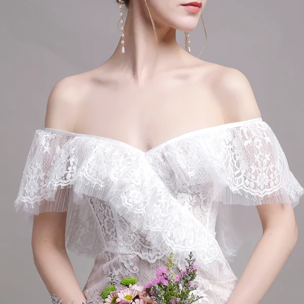 Chic / Belle Champagne Plage Robe De Mariée 2019 Trompette / Sirène De l'épaule En Dentelle Fleur Manches Courtes Dos Nu Train De Balayage