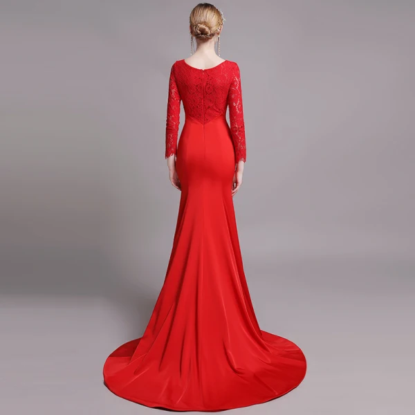 Chic Couleur Unie Rouge Robe De Soirée 2019 Trompette / Sirène Encolure Dégagée En Dentelle Fleur Manches Longues Train De Balayage Robe De Ceremonie
