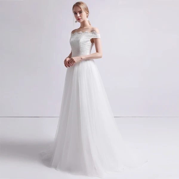 Edles Weiß Brautkleider / Hochzeitskleider 2019 A Linie Off Shoulder Perle Spitze Blumen Ärmellos Rückenfreies Sweep / Pinsel Zug