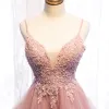 Chic / Beautiful Pearl Pink Cocktail Dresses 2019 A-Line / Princess Spaghetti Straps Beading Sequins Lace Flower Sleeveless Backless Asymmetrical Formal Dresses