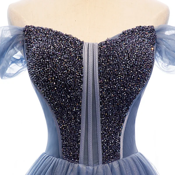 Edles Meeresblau Abendkleider 2019 A Linie Off Shoulder Perlenstickerei Kristall Ärmellos Rückenfreies Sweep / Pinsel Zug Festliche Kleider