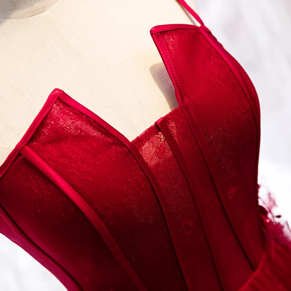 Chic / Beautiful Burgundy Evening Dresses 2019 A-Line / Princess Spaghetti Straps Beading Lace Flower Appliques Sleeveless Backless Floor-Length / Long Formal Dresses