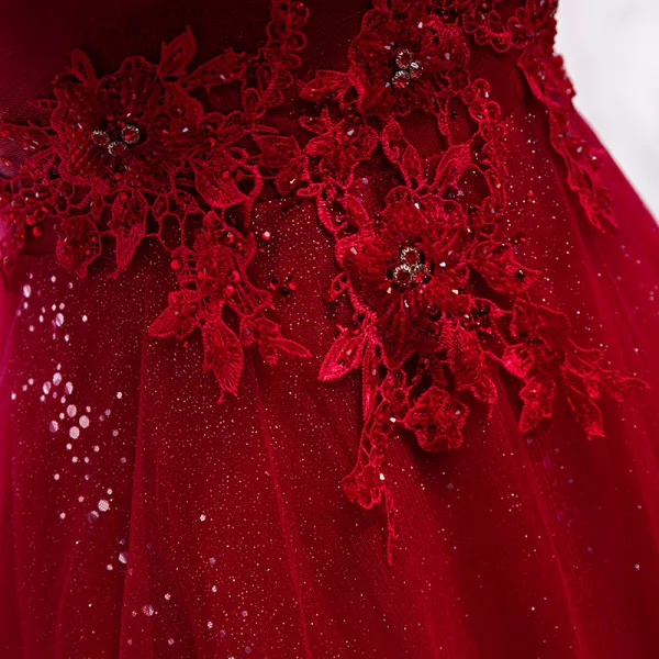 Charmant Bordeaux Robe De Soirée 2019 Princesse Bretelles Spaghetti Cristal En Dentelle Fleur Faux Diamant Sans Manches Dos Nu Longue Robe De Ceremonie