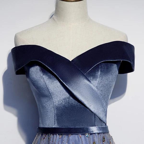 Charmant Marineblau Abendkleider 2019 A Linie Off Shoulder Glanz Tülle Pailletten Ärmellos Rückenfreies Lange Festliche Kleider