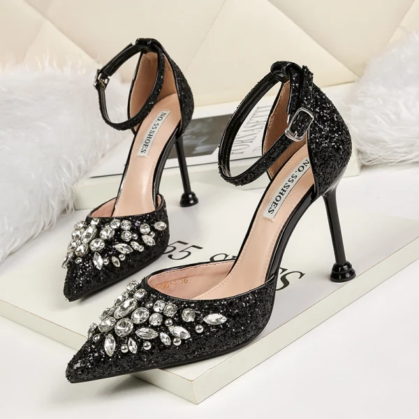 Glitzernden Gold Brautschuhe 2019 Knöchelriemen Strass Pailletten 9 cm Stilettos Spitzschuh Hochzeit High Heels
