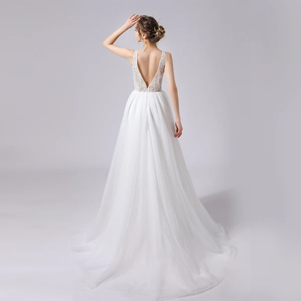 Elegant Ivory Glitter Wedding Dresses 2021 A-Line / Princess Beading V-Neck Sleeveless Backless Sweep Train Wedding