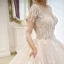 Elegant Champagne Wedding Dresses 2018 Ball Gown Lace Appliques Beading Scoop Neck Backless 3/4 Sleeve Royal Train Wedding