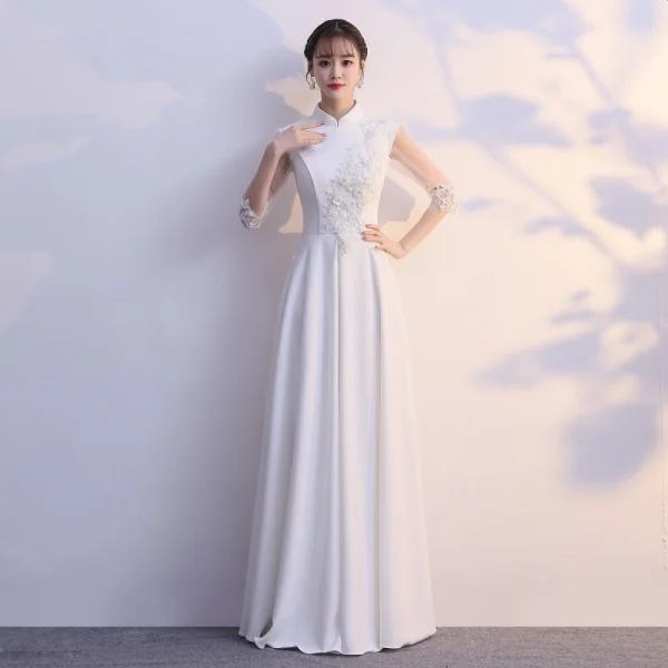 Classy Burgundy Evening Dresses 2019 A-Line / Princess High Neck Bow Lace Flower 1/2 Sleeves Floor-Length / Long Formal Dresses