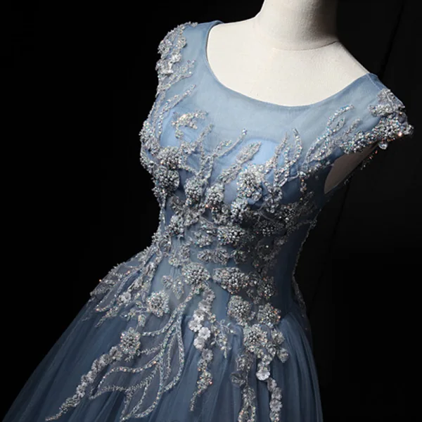Chic / Belle Gris Bleu Ciel Robe De Bal 2018 Princesse Fait main Perlage Perle Cristal Paillettes Appliques Encolure Dégagée Dos Nu Sans Manches Longue Robe De Ceremonie
