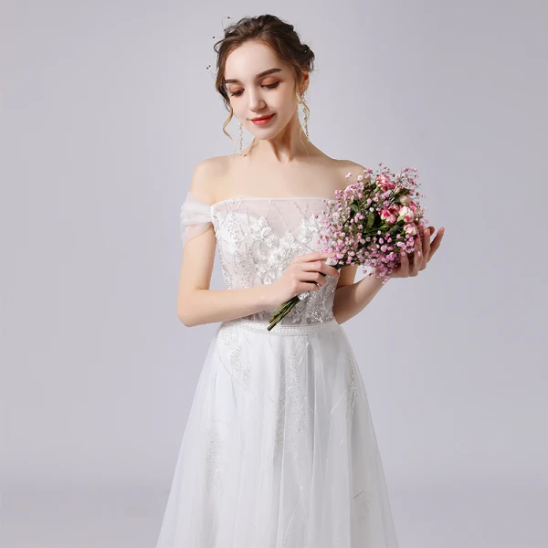 Charmant Ivoire Robe De Mariée 2021 Princesse De l'épaule Paillettes En Dentelle Fleur Sans Manches Dos Nu Train De Balayage Mariage